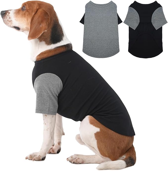 2 Pack Large Dog Shirts for Summer - Stretchy Breathable Cotton T-Shirt for Dogs, Protect Skin Easy On and Off Clothes for French Bulldog, Pug, Daily Wear, Park, Travel, Beach, GreyBlack