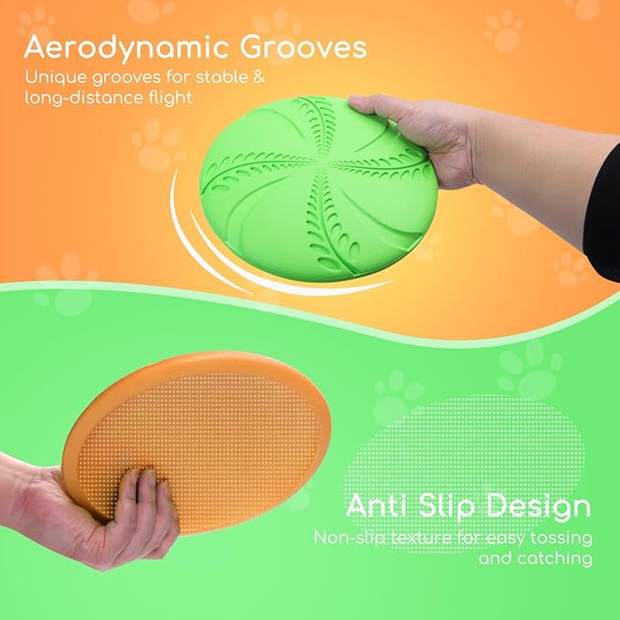 Nobleza 2 Pack Dog Flying Disc, Interactive Flyer Dog Toys for Small Medium Large Dogs to Fetch, Durable Outdoor Dog Disc Toy for Long-Distance Flies and Floats on Water, Orange & Green