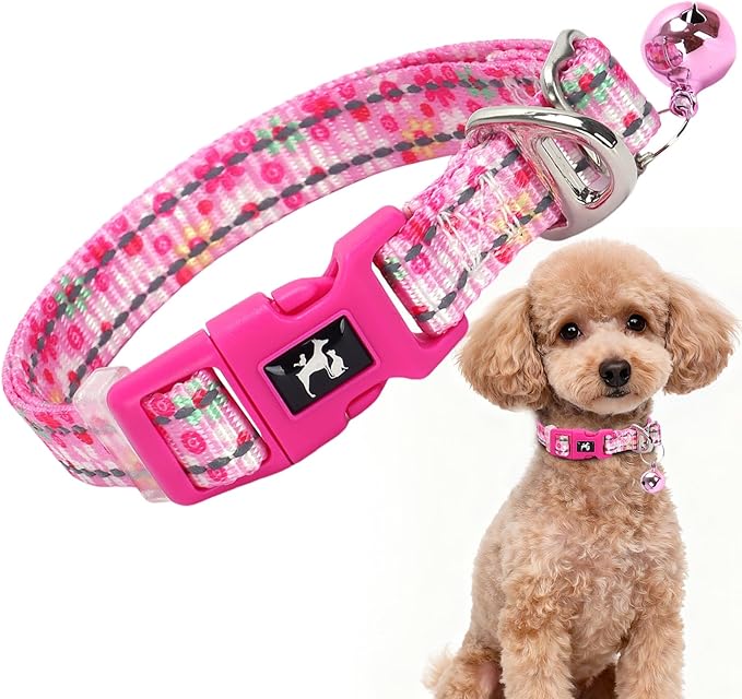 Pink Puppy Collar with Bell - Reflective Adjustable Nylon Kitten-Safe Collar for Small Dogs & Cats, Soft Flower Pattern Design for Teacup Chihuahua, Pomeranian, and Kittens (X-Small, Flower)