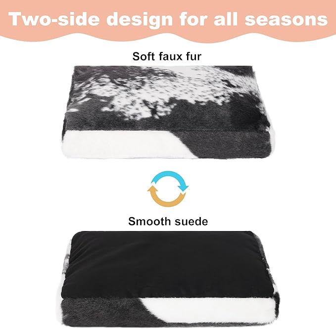 Bedfolks Waterproof Dog Crate Bed,Plush Dog Bed with Removable Washable Cover,Faux Fur Dog Crate Pad for Small Dogs and Cats,Fluffy Dog Kennel Bed 23"x18",Black-White Cowhide