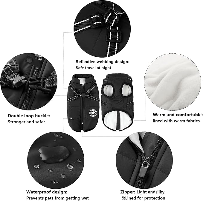 Aiboria Dog Coat for Winter Waterproof Dogs Jackets Windproof Fleece Small Dog Vest Harness Winter Padded Pet Black S