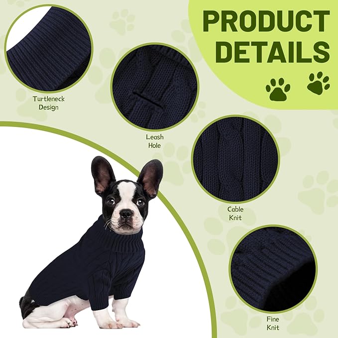 Small Dog Thermal Pullover Sweater, Classic Turtleneck Cable Knitwear Dog Clothes for Cold Weather Warm Pet Clothes for Chihuahua, Bulldog, Dachshund, Pug Navy Large