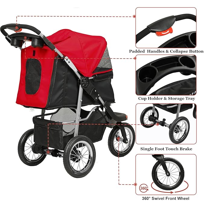 VIAGDO Premium Heavy Duty Dog Stroller for Small Medium Dogs & Cats, 3-Wheel Pet Stroller, Foldable Cat Strollers with Suspension System/Link Brake/One-Hand Fold, Max. Loading 55 LBS Black Red