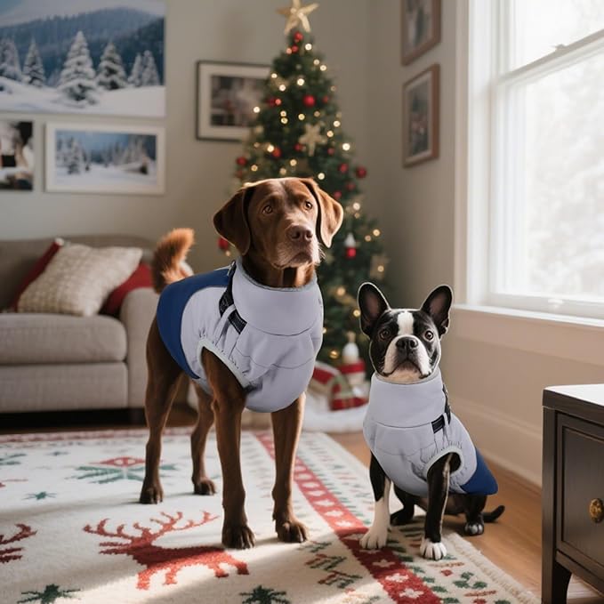 DENTRUN Dog Coat with Harness Built in, Easy On/Off Zipper Closure Winter Dog Vest, Water-Repellent Fleece Lined Warm Jacket with Reflective for Large Dogs, Dark Blue, XXL