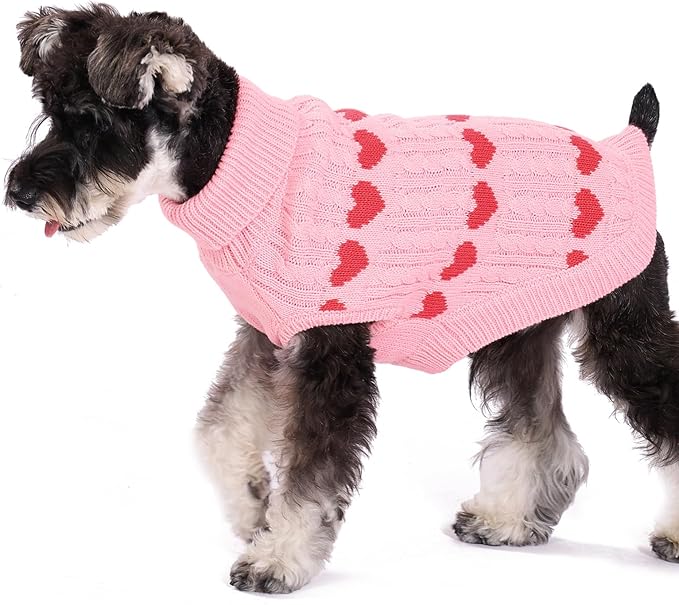KOOLTAIL Cable Knit Dog Sweater Turtleneck, Cold Weather Pullover Classic Knitwear, Snowflake Pattern Thick Warm Winter Pet Clothes,Dog Christmas Sweater for Small Medium Large Dogs,Pink Heart S