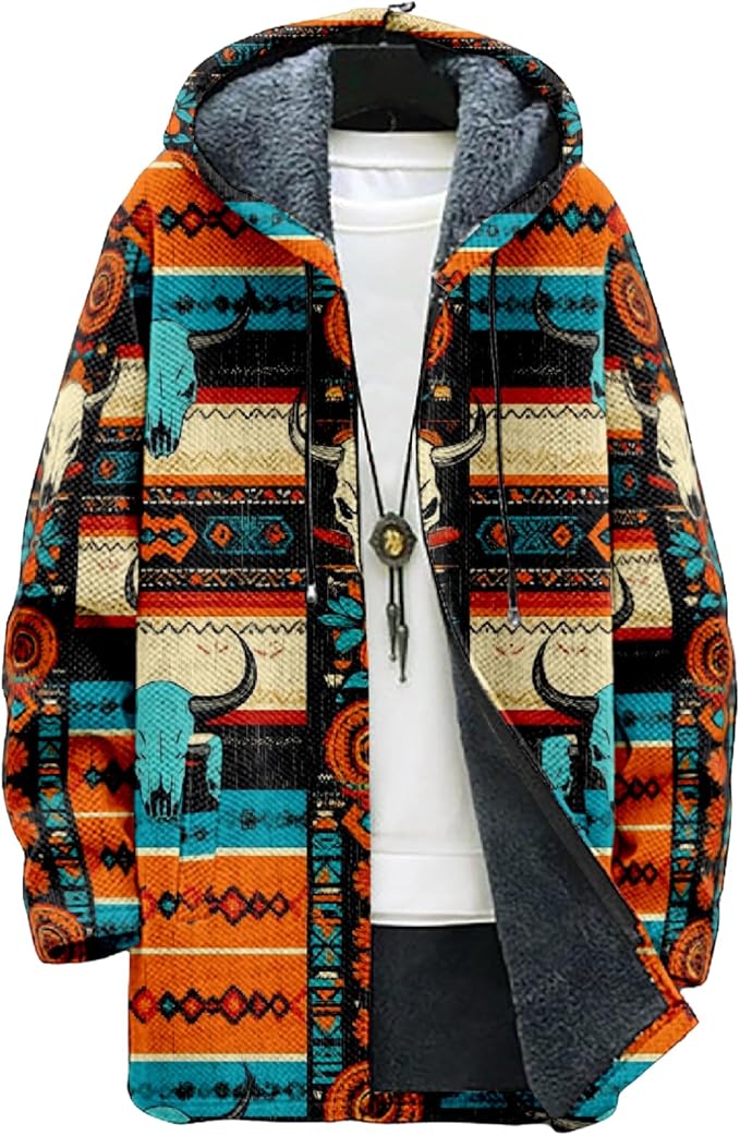 Mens Aztec Print Hoodie Heavyweight Cotton Fleece Jacket Zip Up Warm Long Sleeve Hooded Winter Midi Coat