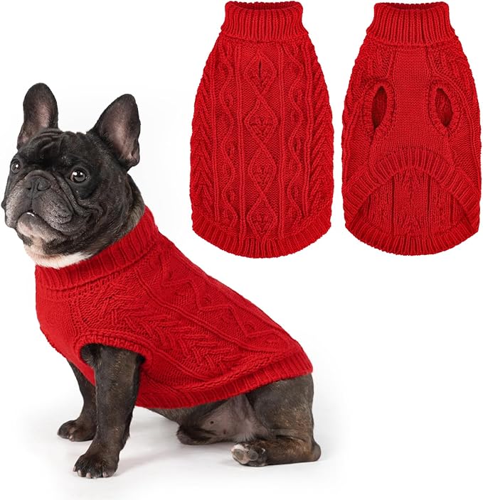 PUPTECK Dog Sweater, Turtleneck Warm Knitted Pullover Coat, Thick Cable Knitwear Clothes in Winter, Pet Apparel Outfits for Small Medium Dogs, for Cold Weather Indoor & Outdoor, Red S