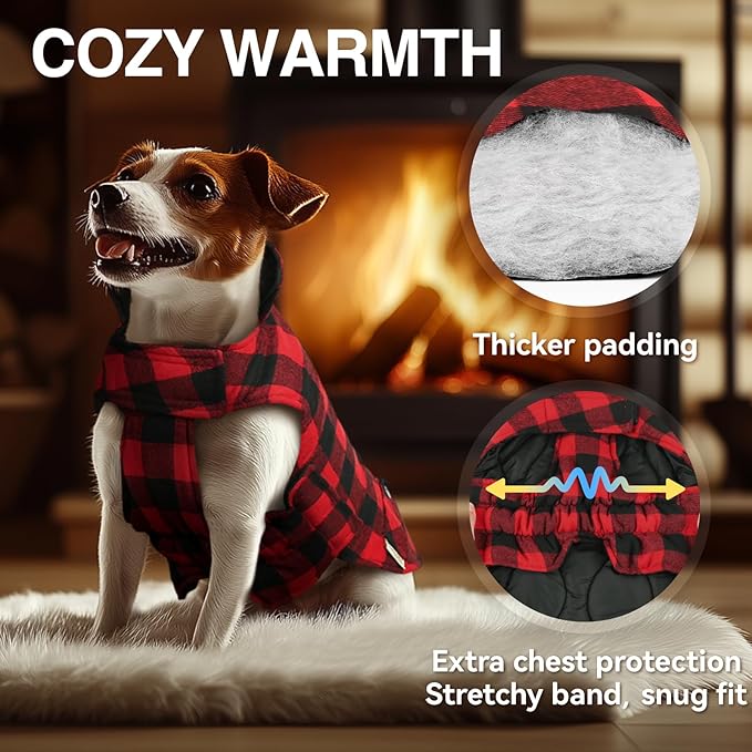 VIVAGLORY Softjoy Dog Coat, Dog Jacket for Winter & Christmas, Coat with Harness Hole & Velcro Closure, Reversible Plaid Checkered Warm Fluffy Heavy Duty for Puppy, XL, Red Black