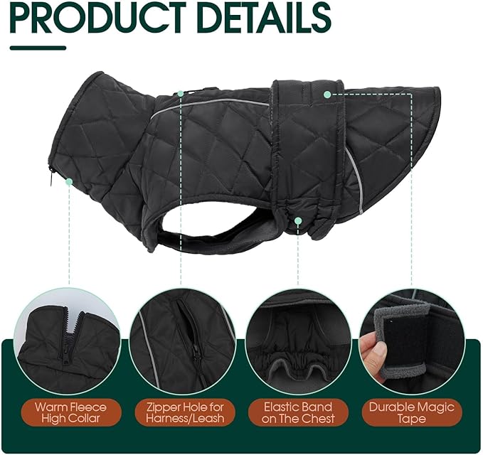 Kuoser Super-Warm Fleece Dog Jacket, Christmas Dog Coat Quilted Thermal Turtleneck Puppy Snowsuit, Windproof & Reflective Pet Winter Clothes for Large Dogs, Dark Grey 2XL