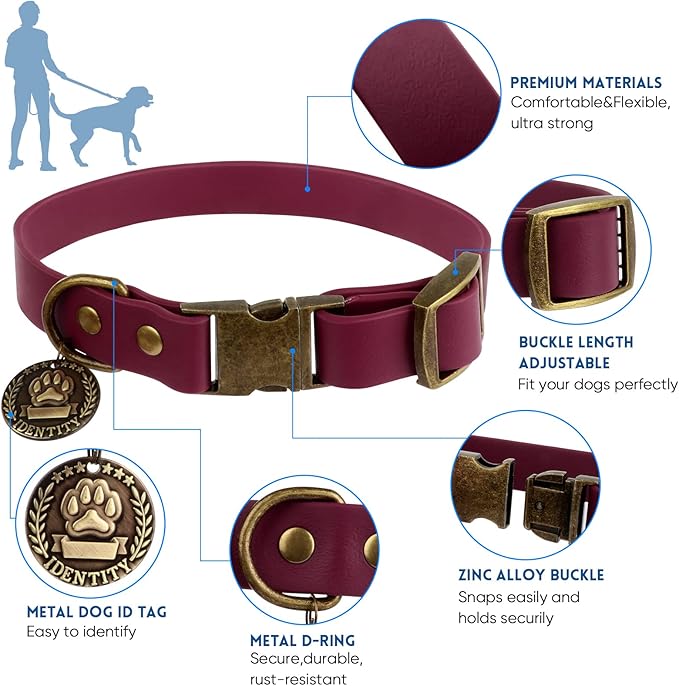 Wisedog Dog Collar and Leash Set, Waterproof Adjustable Puppy Collars with Cute Tag 6FT Dog Leash with Poop Bag for Small Medium Large Dogs (L, Burgundy)
