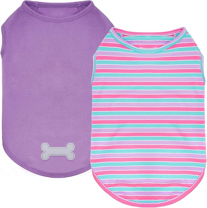 KYEESE 2Pack Dog Shirts Striped T Shirt Cotton Tank Top Soft Tee for Small Dogs Lightweight Clothes Sleeveless Dog Vest, Medium,Purple+Orange Striped
