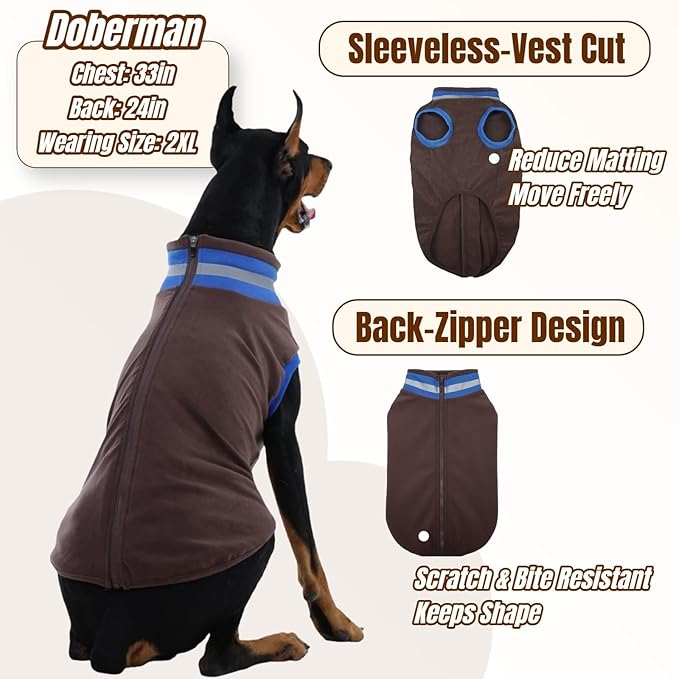 Winter Warm Turtleneck Fleece Vest Dog Sweater, Ultra-Soft & Snug Coat for Large Dogs with Back-Zipper, Thermal Doggie Vests Jacket with Reflective Strip, Pet Clothes Boxer Labrador Boy Girl(Brown,XL)