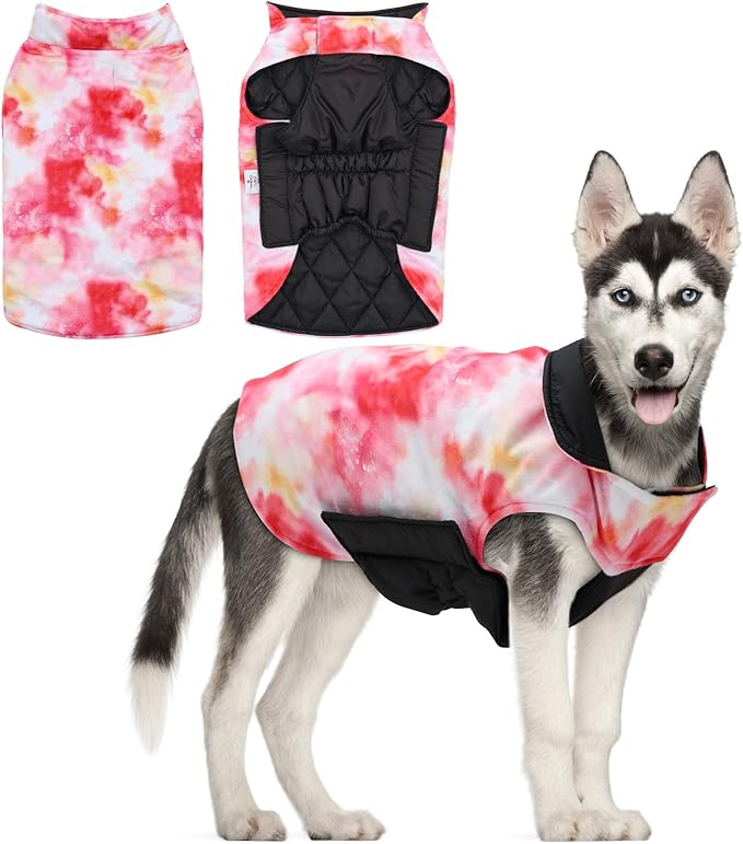 GMF29S Winter Dog Jacket Reversible Vest Soft Coat with Leash Hole for Small to Large Dogs, Windproof, Waterproof, Thick, Adjustable