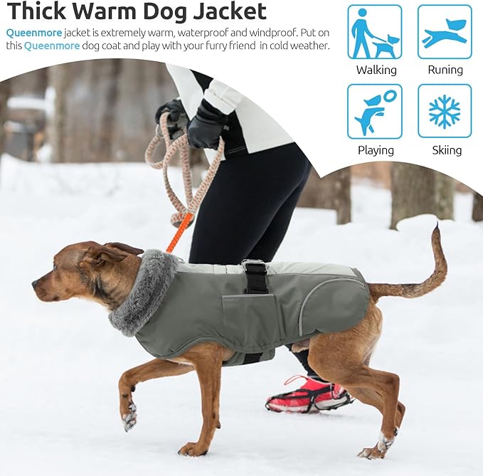 Queenmore Dog Coats for Large Breeds, Dog Snow Jacket, Adjustable Easy On Large Dogs Winter Jackets, Waterproof Cold Weather Pet Coat, Grey, L