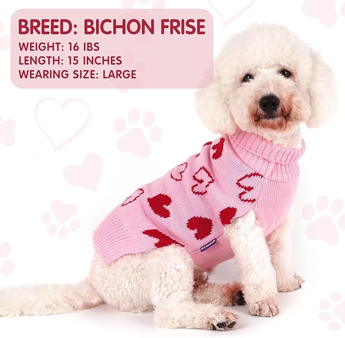 cyeollo Dog Valentines Sweater Heart Pattern Pullover Turtleneck with Leash Hole Holiday Theme Outfit Pet Apparel Sweaters for Small to Medium Dogs Pink