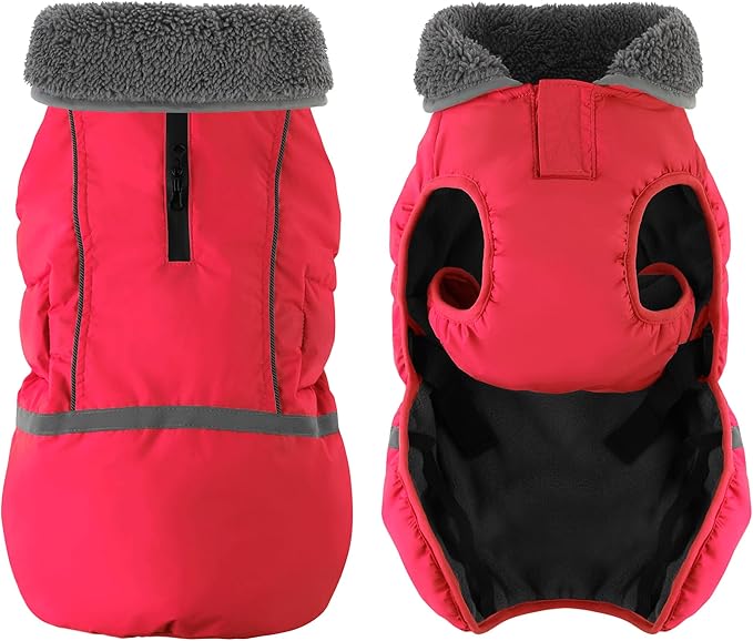 Dogcheer Warm Dog Coat, Christmas Dog Jacket Waterproof Puppy Winter Coat with Buckles, Reflective Adjustable Pet Snow Jacket Turtleneck Fleece Sweater for Small Medium Large Dogs - Red, S