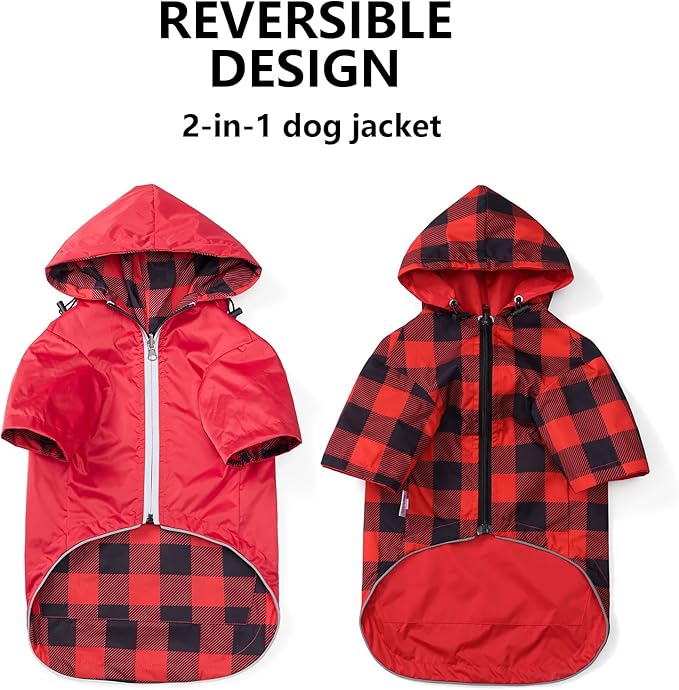 Dog Raincoat Dogs Waterproof Reversible rain Jacket Dog Small Medium Breeds Reflective Zipper Storage Pocket Harness Hole - Red - XS