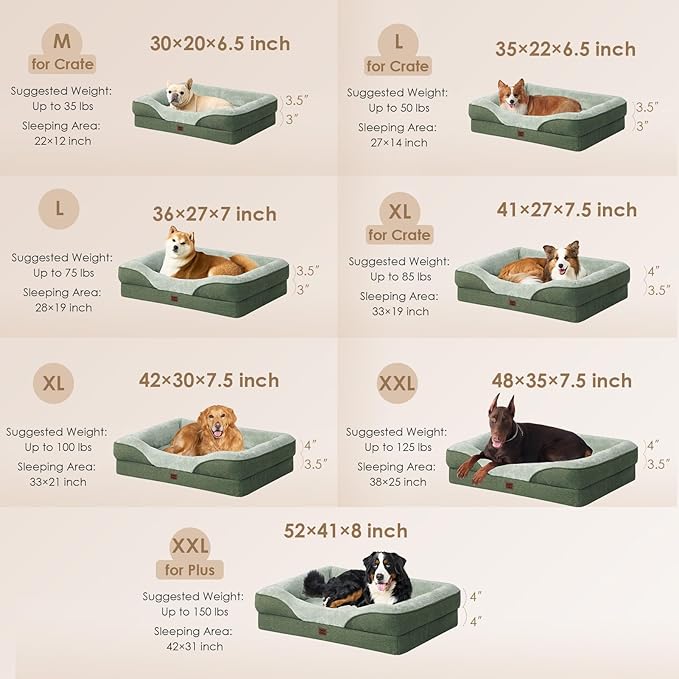 EHEYCIGA Memory Foam Dog Bed for Large Sized, Orthopedic Dog Sofa with Sides and Waterproof Liner, Washable Bolster Pet Couch with Removable Cover, 41x27x7.5 Inch, Green