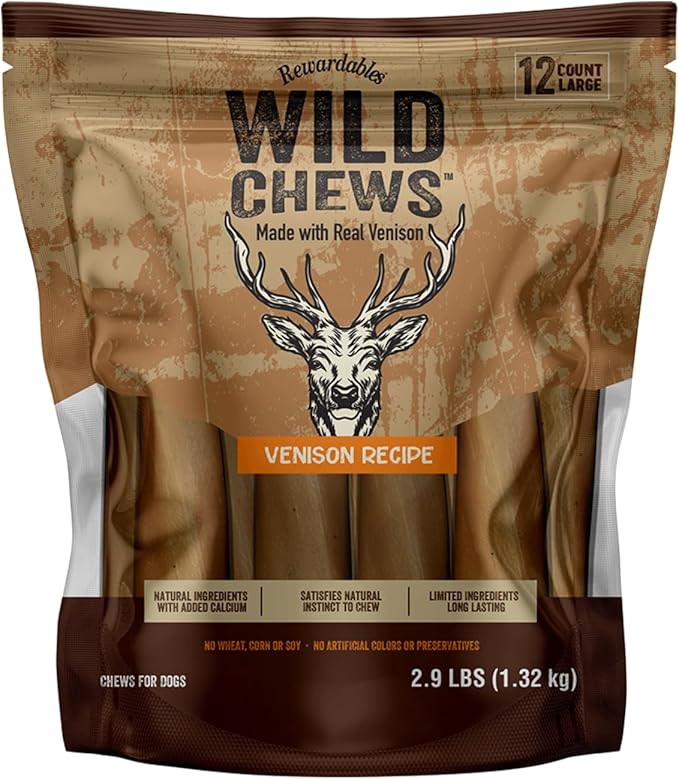 | Wild Chews | Venison Recipe, Made with Real Venison, Limited Ingredient, Long Lasting Chews for Large Dogs | 12 Count