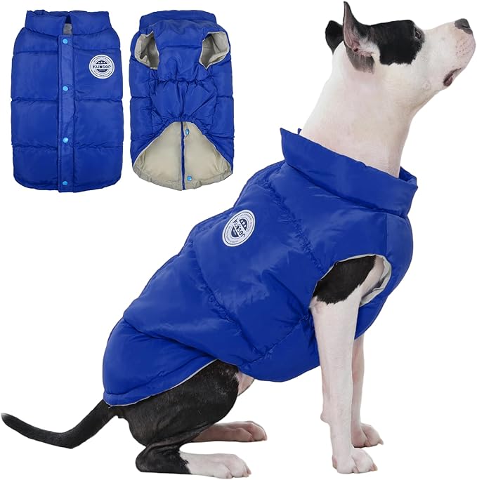 Kuoser Dog Coat Warm Dog Puffer Jacket, Windproof Dogs Padded Vest Lightweight Cold Weather Coats Pet Snowsuit Soft Puppy Winter Clothes for Medium Large Dogs, Button Design, Easy On/Off, Blue L