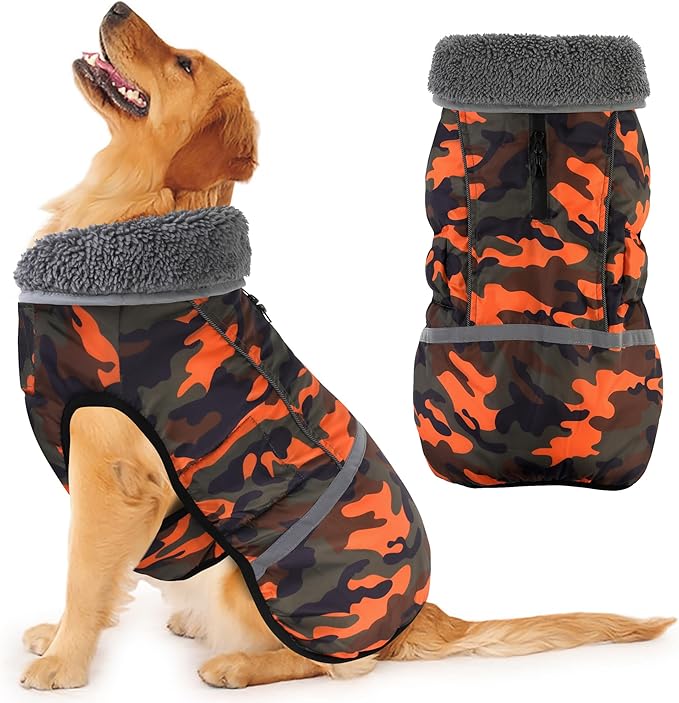 Dogcheer Warm Dog Coat, Waterproof Dog Jacket Christmas Puppy Winter Coat with Buckle, Reflective Adjustable Pet Snow Jacket Turtleneck Fleece Sweater for Small Medium Large Dogs - Orange Camo, XL
