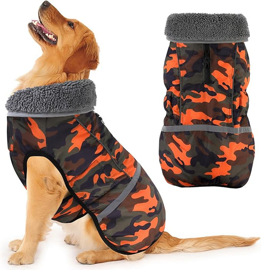 Dogcheer Warm Dog Coat, Waterproof Dog Jacket Christmas Puppy Winter Coat with Buckle, Reflective Adjustable Pet Snow Jacket Turtleneck Fleece Sweater for Small Medium Large Dogs - Orange Camo, 2XL