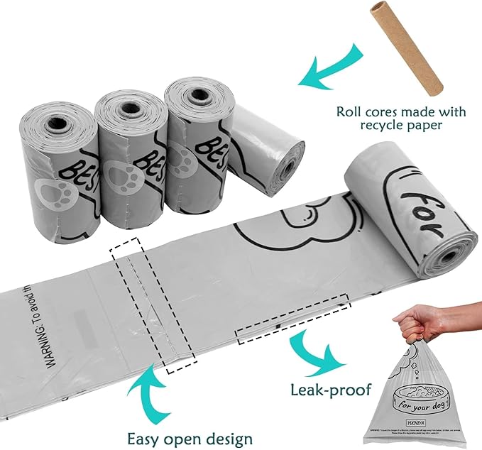 Dog Poop Bag Holder Dispenser with LED Flashlight - Night Visibility for Safe Evening Walks | Upgraded Hands-Free Leash Clip | Includes 15 Dog Waste Bags(Gray)