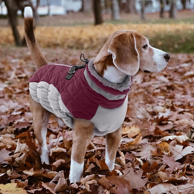 Lelepet Dog Coat Warm Dog Winter Coat Waterproof Dogs Jacket with Harness Built in Reflective Pet Fleece Vest Zip-Up Cold Weather Coats for Large Dogs Turtleneck & Windproof Coats Boxer Wine Red XL