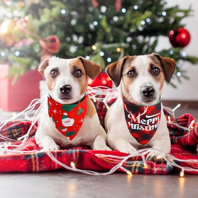 SCENEREAL Christmas Dog Bandanas 2 Pack, Puppy Xmas Santa Claus Elk Triangle Bibs Handkerchief, Reversible Holiday Dog Bandana for Boy and Girl, Premium Pet Scarf for Small Medium Large Dogs L