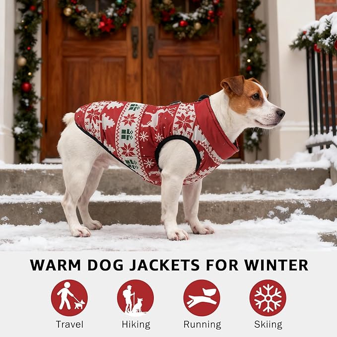 SCENEREAL Christmas Winter Dog Vest Coat with Harness Built in, Warm Puppy Jacket for Small Medium Dogs, Cold Weather Coat with Zipper, Fleece Puffer Vest Windproof Snow Clothes, M