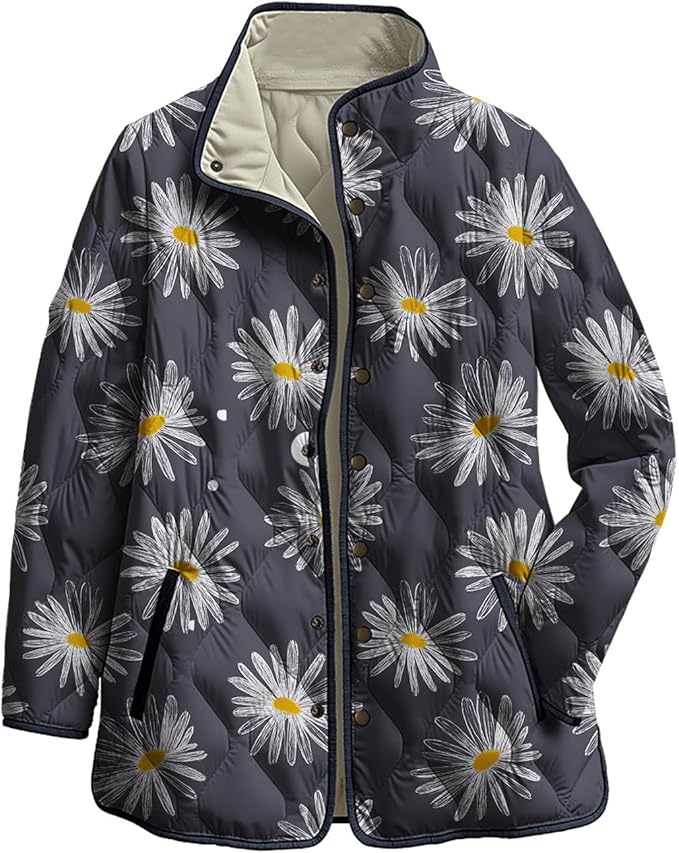 LIZALIG Women's Cropped Puffer Jacket Lightweight Floral Print Long Sleeve Padded Quilted Puffy Cardigan Coat