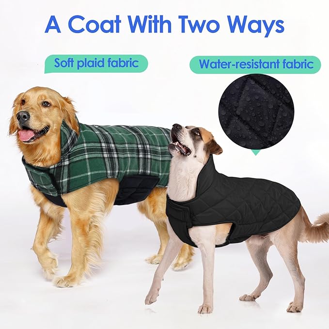 MIGOHI Reversible Dog Coat, Windproof Waterproof Warm Jacket for Cold Weather, British Style Plaid, Small Medium Large Dogs, Green, S