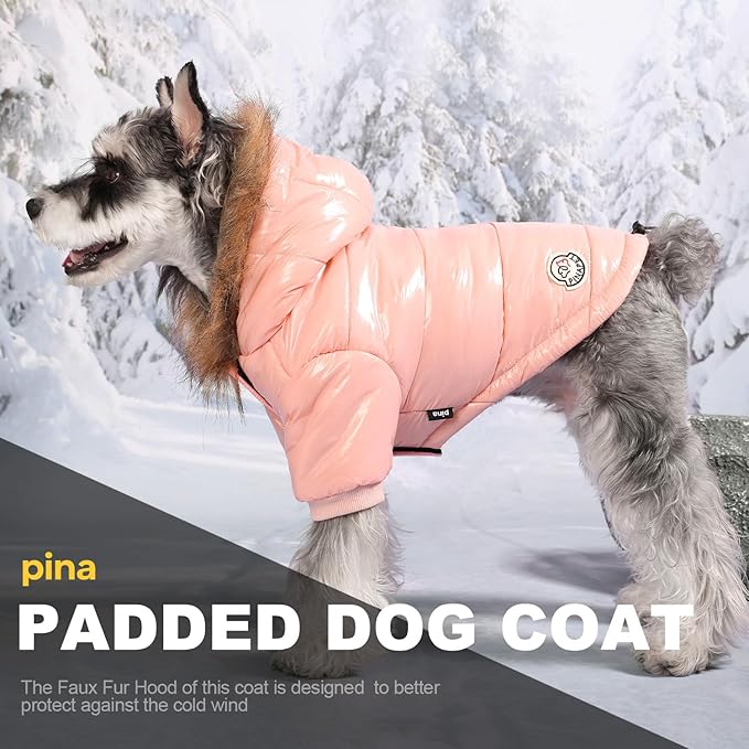 PINA Winter Coat with Faux Fur Hood, Windproof and Warm, for Small to Large Dogs, Pink, S