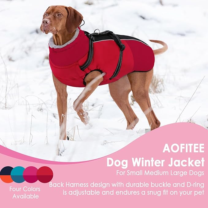 AOFITEE Dog Coat for Small Dogs, Warm Dog Winter Jacket with Harness Built in, Waterproof Small Winter Coat Dogs Reflective Cold Weather Coats for Chihuahua, Yorkshire, Red XS