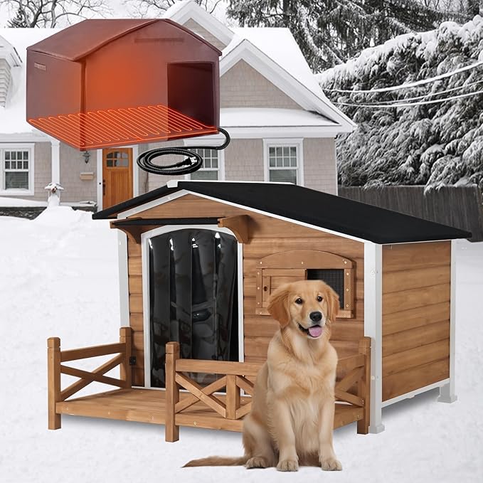 Heated Dog House for Outdoor Use with Matel Frame, Waterproof Design & Heating Blanket - All-Weather Wooden Kennel with Sliding Window & Metal Frame (Brown-H, L)