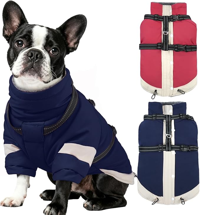 MIGOHI Dog Coat with Harness Built in, 2-in-1 Windproof Dog Winter Jacket, Thermal Reflective Snowsuit with Turtleneck, Back Zipper Fleece Coat for Small Dogs, Chihuahua, Navyblue, XS