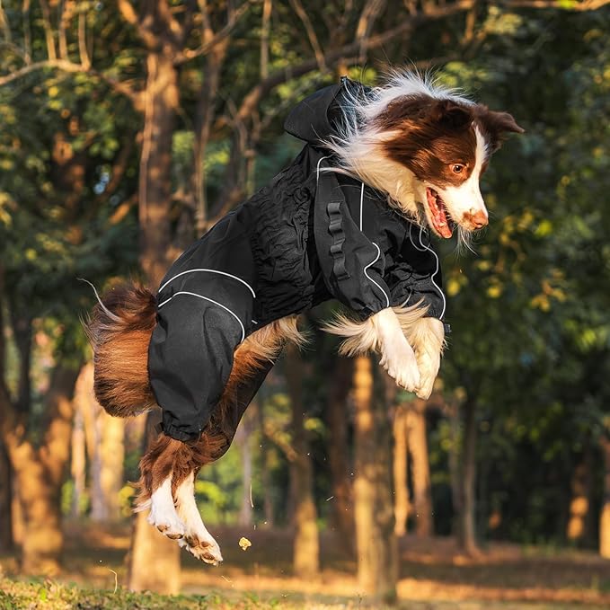 OneTigris Dog Raincoat with Hood for Medium Large Dogs, Waterproof & Reflective, 4 Legs Dog Rain Jacket Adjustable Puppy Poncho for The Rain and Snow (Black, Medium)