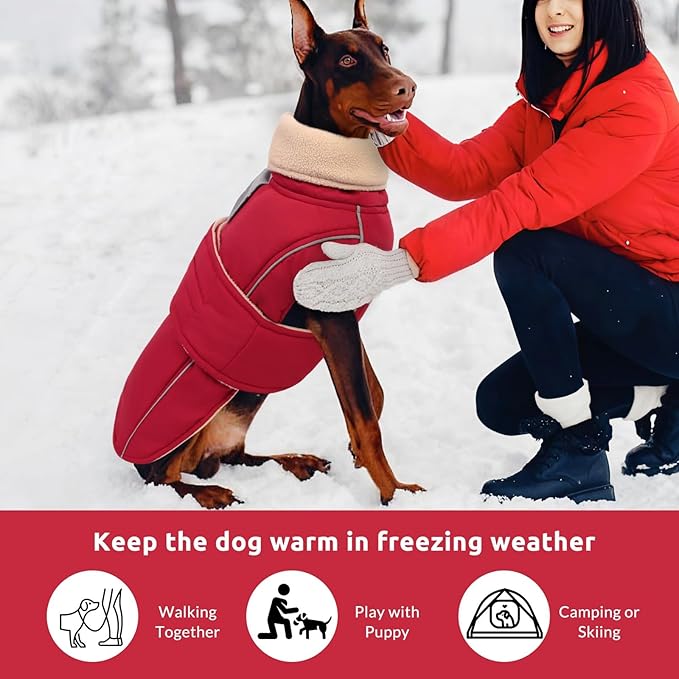ASENKU Warm Dog Coat, Waterproof Dog Jackets for Medium Dogs with Reflective Fleece Vest Turtleneck with Button, Windproof Cold Weather Coats for Small Medium Large Dogs, Dark Red, M