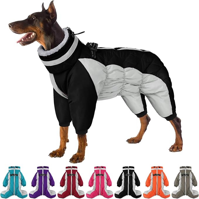 SUNFURA Full Body Dog Coat - Warm Fleece Jacket for Extra Large Dogs, Turtleneck Winter Coats with Harness, Reflective Dog Snowsuit Windproof Puffer Jackets with Legs for Great Dane, Black 3XL