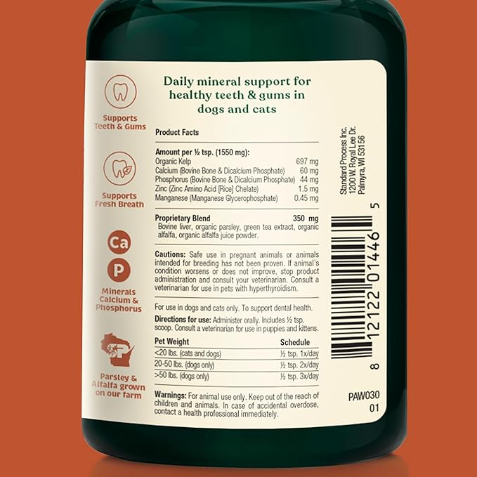 Spirited Paw Dental for Cats & Dogs - Teeth Support Powder for Dogs & Cats - Pet Health Supplements with Calcium & Fresh Breath Support - Dental Care for Plaque & Tartar - 165 g