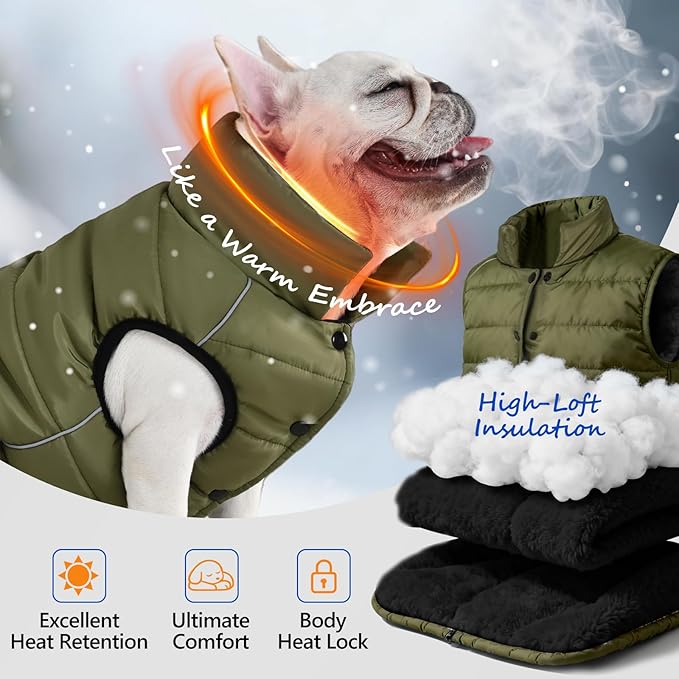 Dog Winter Jacket Waterproof, Reflective Fleece Lined Dog Coats for Small Medium Large Dogs, Warm Snow Coat for Dogs, Insulated Cold Weather Dogs Puffer Jackets with Leash Hole, Olive, M