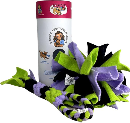 Chelsy's Toys 3-in-1 Enrichment Tube for Dogs - Tug Toy, Treat Dispenser & Snuffle Ball | Fleece Rope Dog Toy | Tug of War | Interactive Dog Treat Puzzle for Dogs & Puppies | Wet/Freeze Teether (Lav)