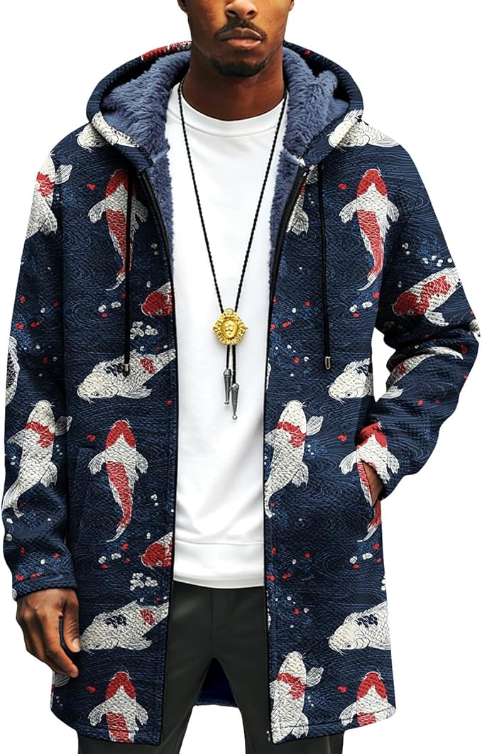 Mens Long Cardigan Hoodies Full Zip Fleece Lined Jackets Fashion Knitted Color Block Hooded Coat with Pockets