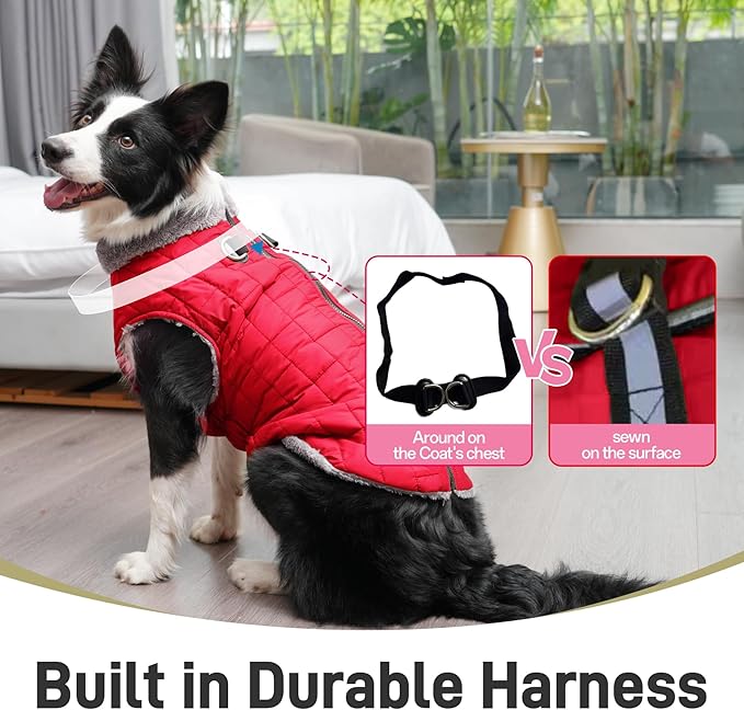 Warm Fleece Dog Coats with Durable Harness Buitl in D-Ring,Waterproof Doggie Jacket for Large Dogs,Dog Vest for Cold Winter,Red XXL