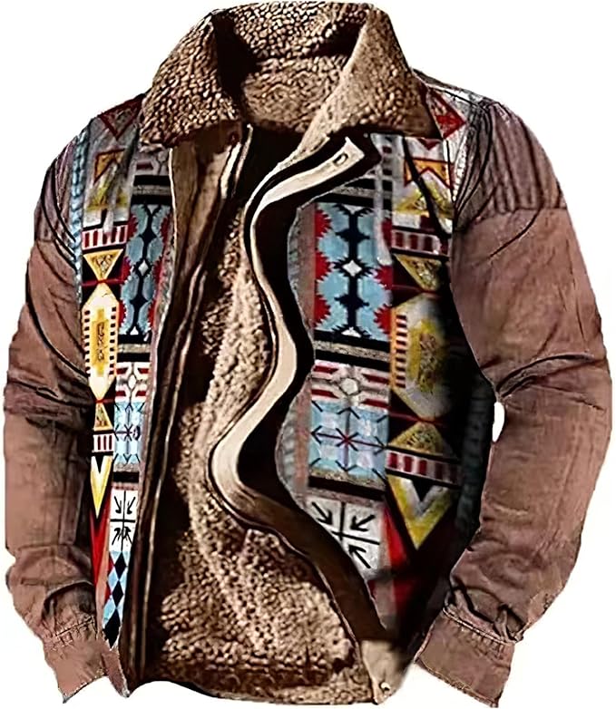 LOAIHA Men's Western Aztec Vintage Print Sherpa Fleece Lined Jackets Casual Zipper Winter Warm Jacket Coats