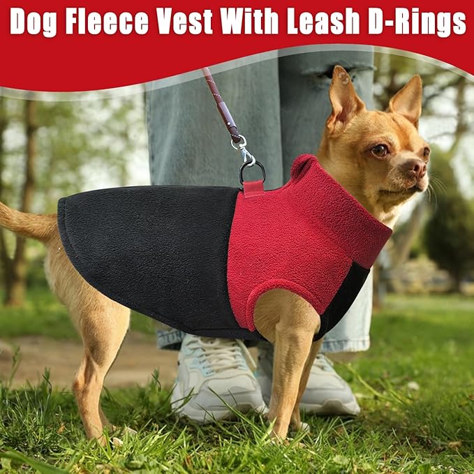 Idepet Dog Fleece Vest Sweater Zip Up Warm Pullover Dogs Jacket with D-Ring Leash Winter Cold Weater Coat Pet Sweatershirt Clothes Hoodie for Small Medium Dogs Boy Girl (Red/Black, XS)