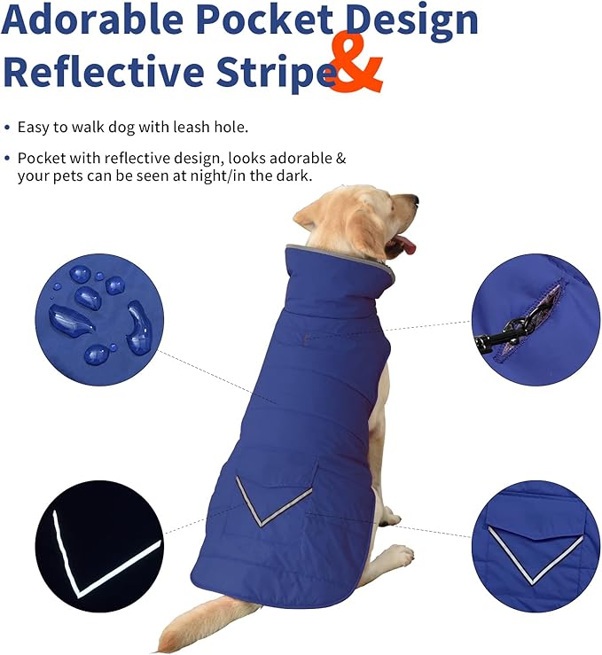Dog Coat, Waterproof Dog Winter Jacket with Pocket, Reflective Adjustable Pet Snow Vest, Warm Cozy Fleece Sweater for Small Medium Extra Large Dogs - Blue, 2XL
