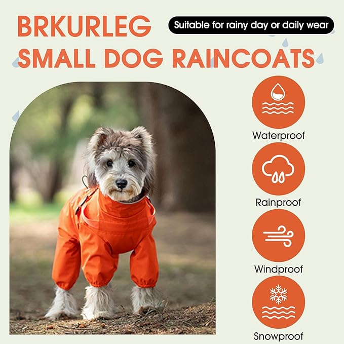 BRKURLEG Dog Raincoat for Small Dogs, Small Dog Rain Jacket with Harness Built in, Waterproof 4 Legs Pet Raincoats, Puppy Outdoor Jacket with Reflective Strip, Orange, L