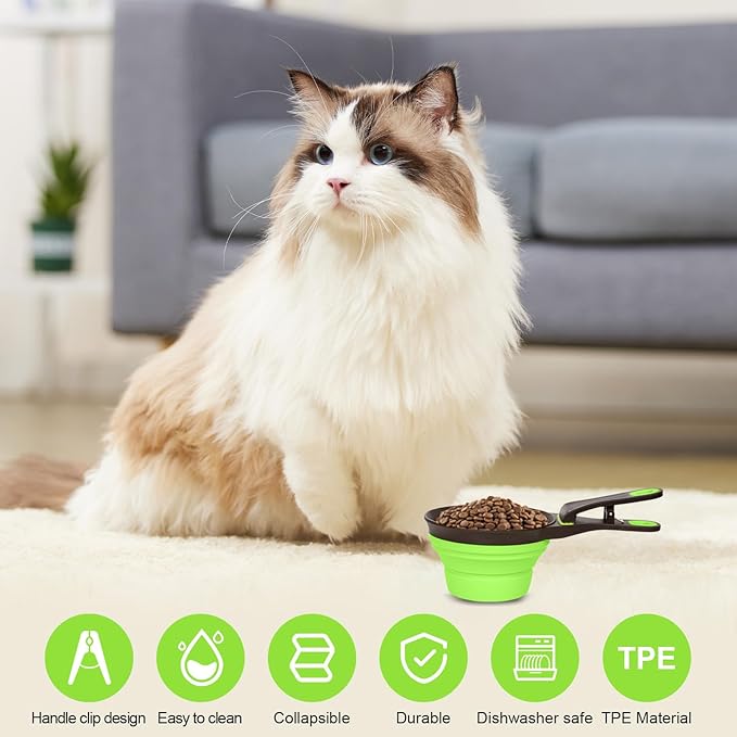 Collapsible Silicone Dog Food Scoop Foldable Pet Food Measuring Cup with Bag Clip 3 in 1 Multi-Function Silicone Dog Food Scooper (Green, Large)