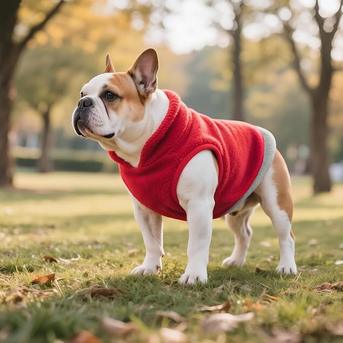 Idepet 2 Pack Dog Fleece Vest Sweater Warm Pullover Jacket with D-Ring Leash Reflective Winter Coat Hoodie for French Bulldog Pug Chihuahuas Yorkies Dachshunds(Red&Rose Red,Large-French Bulldog)